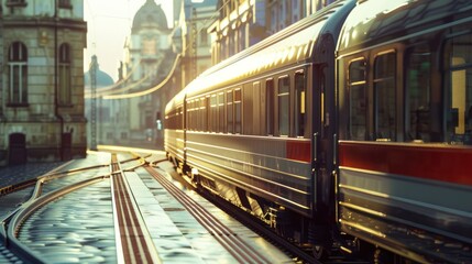 Fototapeta premium contrast between the sleek, modern train and the historic architecture of the city as it passes through a mix of old and new. 