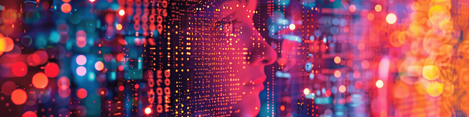 Close-up of a vibrant digital binary code flowing against a backdrop of colorful bokeh, symbolizing online data transfer - obrazy, fototapety, plakaty