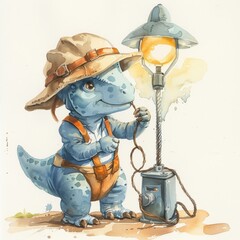 Cartoon dinosaur electrician, fixing a lightning rod, painted in playful watercolors on white paper - obrazy, fototapety, plakaty