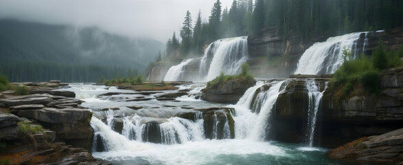 Canada's Enchanting Cascade: Majestic Waterfalls and Serene Showers in the Rainy Season - Ideal for Nature Photography Concepts