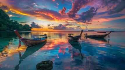 A colorful sunset reflecting off the calm waters of a tropical bay, with anchored boats adding to the picturesque scene.