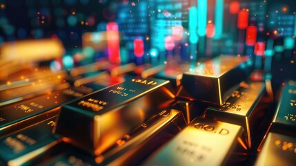 Vibrant image of gold bars with a holographic stock market chart rising above them, illustrating wealth accumulation and financial strategies, moody lighting - obrazy, fototapety, plakaty