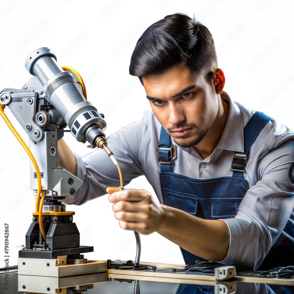 Poster focused technician fine-tuning advanced robotic arm in lab