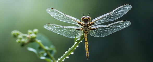 Dewdrop Dragonfly: Close-up of a Dragonfly on a Dew-Covered Branch, Showcasing Ecosystem Balance in Rainy Season