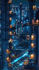 Panoramic shot of a gasoil processing plant with blue and teal accent lights, creating a futuristic and clean energy theme, moody lighting