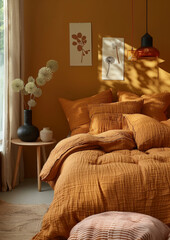 Modern interior bedroom, earth and red tones. Cozy bed with throw pillows and comforter, and decor. Interior design, living space. Contemporary.