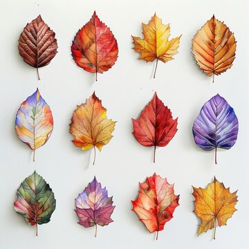 Watercolor painted autumn leaves collection, handdrawn with rich hues, laid on a clean white surface