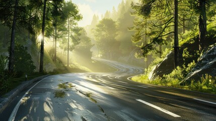 Obraz premium scenic mountain road, with sunlight filtering through the trees and casting dappled shadows on the pavement. 