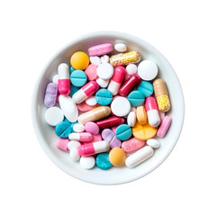 Tablets and capsules in a bowl. Isolated on transparent background.