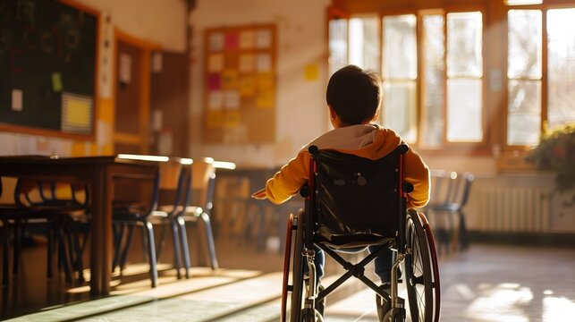 Back view of schoolboy sitting in wheelchair in classroom with copy space, disability concept