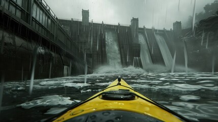   kayaking adventure, you are caught off guard by a meaty rainstorm, with a majestic dam providing a backdrop to this bizarre event. 
