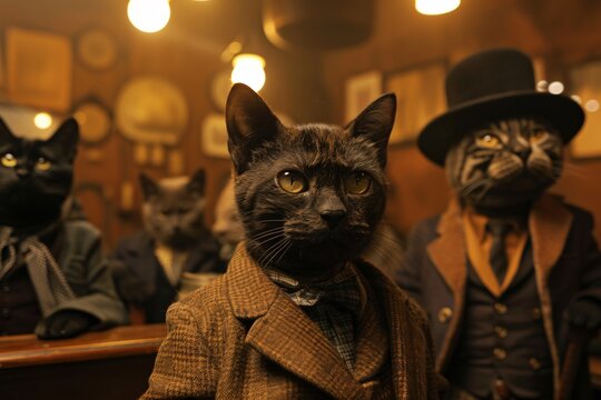 A jazz band of cats dressed in 1920s attire performing in a smoky room filled with artistic flair