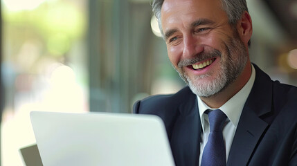 Happy mature business man executive manager looking at laptop