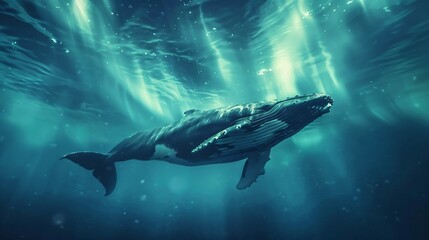 Fototapeta premium A majestic whale emerging beneath the northern lights symbolizing the mystery and beauty of marine life