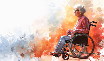 Colorful Watercolor banner with an elderly woman in a wheelchair with copy space for text