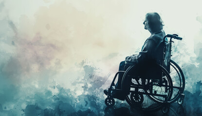 Colorful Watercolor banner with an elderly woman in a wheelchair with copy space for text