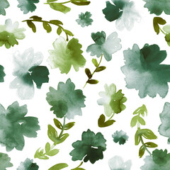 Watercolor floral in emerald and chartreuse green. Seamless pattern.  - 790944051
