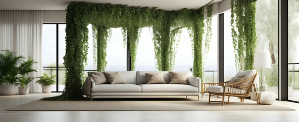 Minimal Relax Contemporary Canopy: A contemporary living room with floor to ceiling windows and a canopy of hanging ivy in realistic interior design with nature - stock photo concept - obrazy, fototapety, plakaty