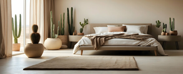 Minimalist Desert Bedroom with Earthy Tones and Cactus Plant - Realistic Interior Design and Nature Photography