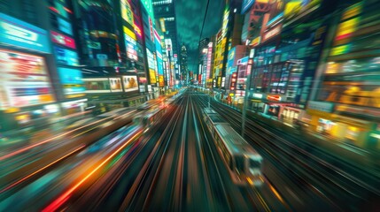 Feeling the rush of adrenaline as a high-speed train accelerates through a vibrant city, the cityscape blurring into a kaleidoscope of colors and movement.  