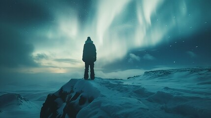 Adventurous woman at the peak of an icy mountain gazing at the northern lights swirling above - obrazy, fototapety, plakaty