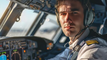 Portrait of smiling professional male airline pilot preparing for flight sitting in cockpit