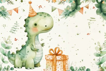 Creative colorful design invitation card Dinosaur with presents having party time celebration.