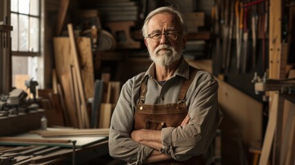Obraz premium Portrait of successful senior man in eyeglasses standing in his carpentry workshop. Proud carpentry workshop owner standing with his arms crossed.