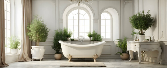 Romantic French Provincial Bathroom with Vintage Fixtures and Rosemary Plant in Realistic Interior Design with Nature Element
