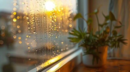 A cozy window view of raindrops trickling down the glass pane, creating a soothing ambiance for indoor reflection."