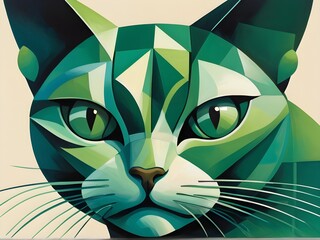A psychedelic cat with a neo-cubist style and a striking green color. Generative AI