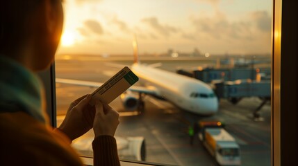 Passenger in an airport lounge waiting for flight aircraft holding a plane boarding ticket