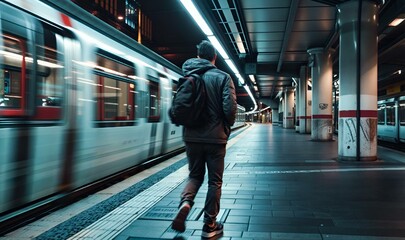 a man with backpack waiting at a train station while the trains pass by