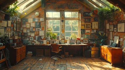 Image of a bright, empty loft bureau interior, decorated with sketches, paintings, and books, with a central window bringing natural light, fuji camera graphic style