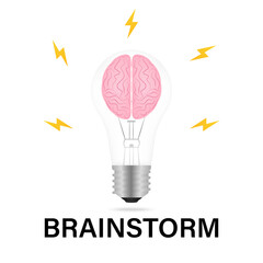 Brain. Brainstorm. Brain in Lightbulb. Creativity and Thinking Idea Concept. Vector Illustration. 