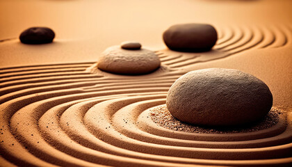 Fototapeta na wymiar Zen Stones with lines on sand spa harmony concept. Generative AI,