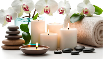 Fototapeta na wymiar skin care spa set, decoration, candle and towels, oil bottle and green leaves and blossoms. Generative AI,