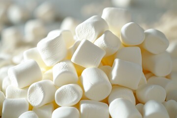 Close up pile of small white puffy marshmallows on white background.
