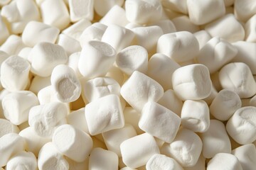 Close up pile of small white puffy marshmallows on white background.