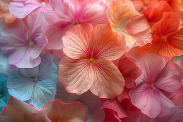 Luminous close-up of diverse Geranium petals radiating a gradient of warm to cool tones.