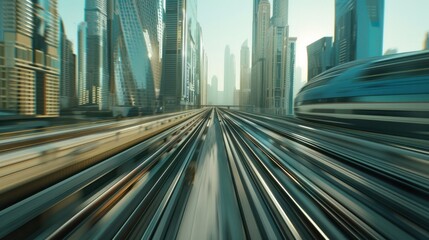 Witnessing the cityscape blur past as a high-speed train whisks you through the heart of a modern metropolis. 