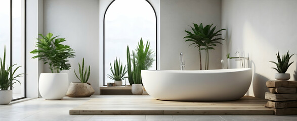 Minimalistic Nordic Bathroom with Aloe Plant - Realistic Interior Design for Serene Calm with Nature Elements