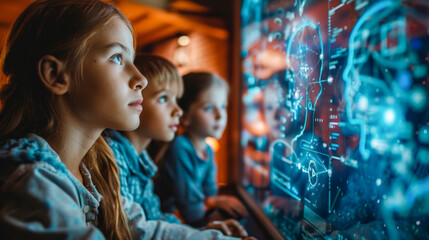 Obraz premium Tech-Savvy Learning: Kids Engaged in Futuristic Education