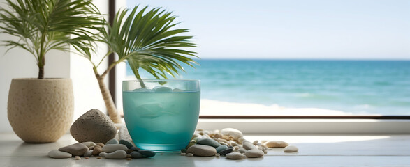 Coastal-Themed Bathroom with Sea Glass Accents and Potted Palm for Seaside Feel in Realistic Interior Design with Nature