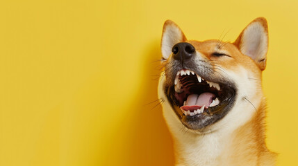 Happy dog smiling and laughing isolated on yellow background - obrazy, fototapety, plakaty