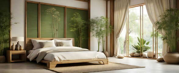 Serene Oriental Bedroom Sanctuary with Bamboo Accents and Natural Interior Design - Stock Photo