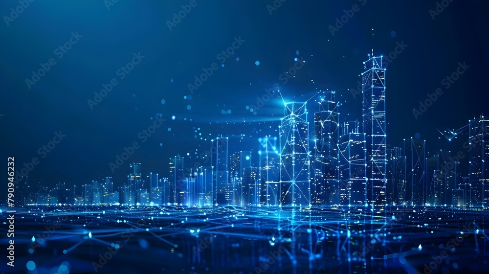 Poster futuristic wireframe smart city skyline with integrated building automation on plexus background
