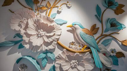 3D illustration of a wall mural. Refined and elegant floral details with a harmonious blend of classic and modern elements.