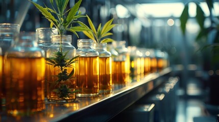 Cannabis laboratory, Medical CBD oils from marijuana plant, alternative herbal medicine concept, banner, copy space