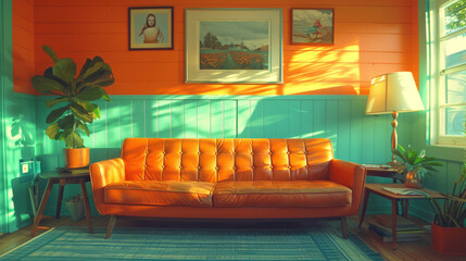 Modern retro themed interior living room. Orange couch against turquoise paneled wall. Interior design, living space. 